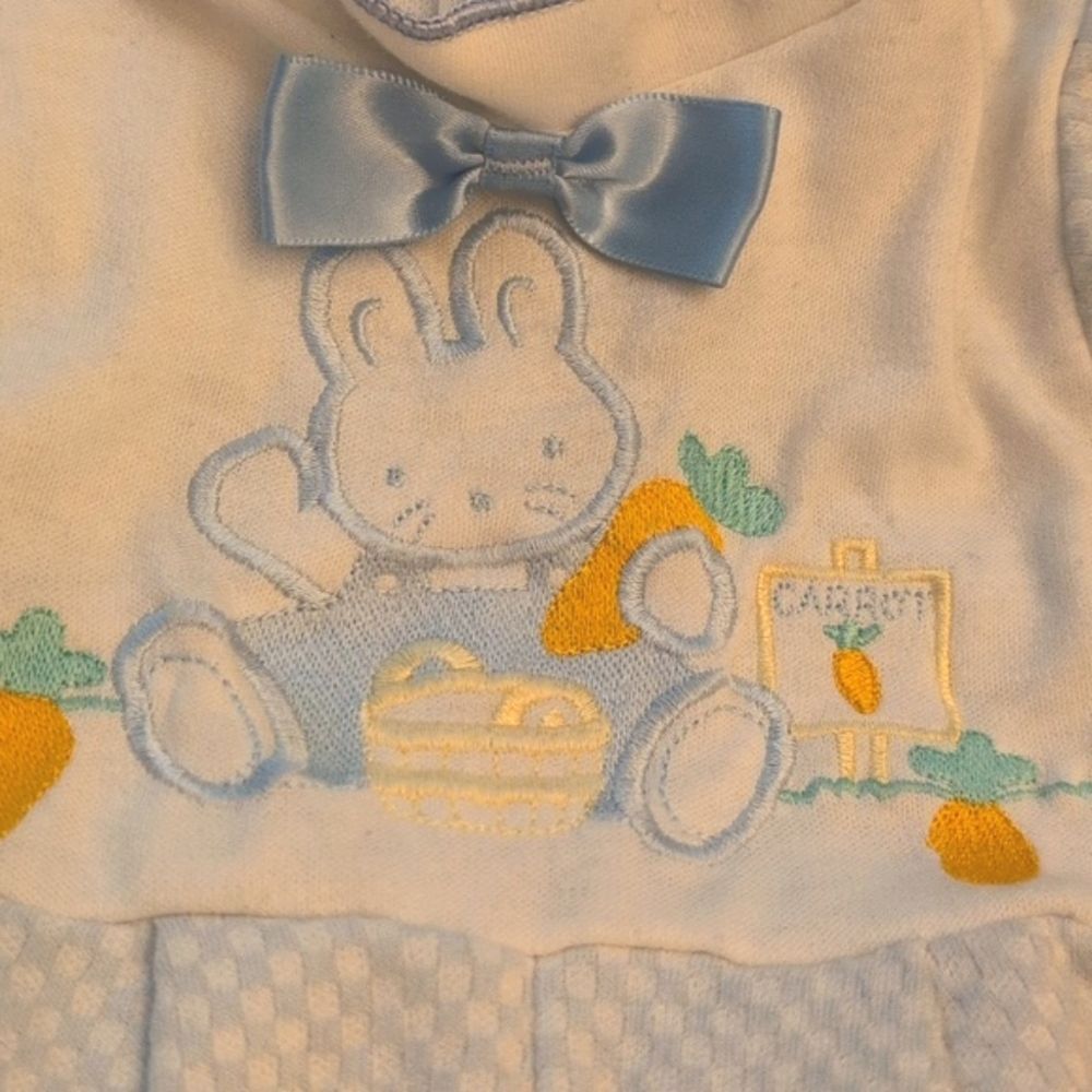 Carter's Vintage Infant Blue White Embroidered Bunny Carrot Outfit